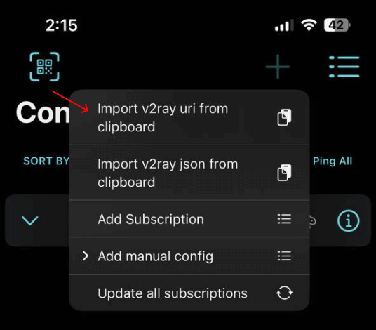 Нажмите на import v2ray uri from clipboard
